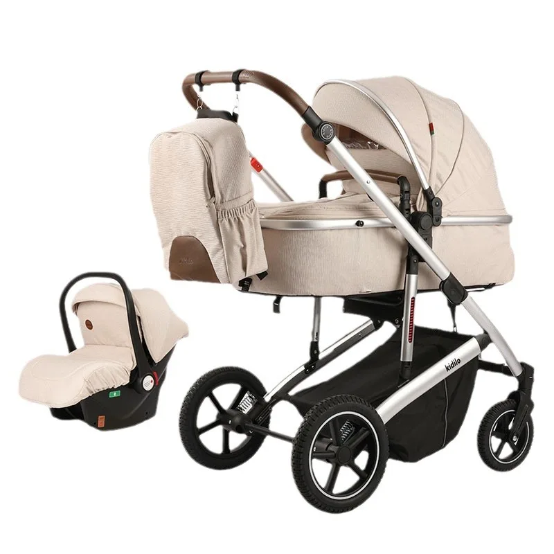 عربة أطفال خفيفة الوزن يمكن أن تجلسها قابلة للطي في اتجاهين ومناظر طبيعية عالية وامتصاص الصدمات بأربع عجلات مع سلة 2 في 1 ذات مناظر طبيعية عالية