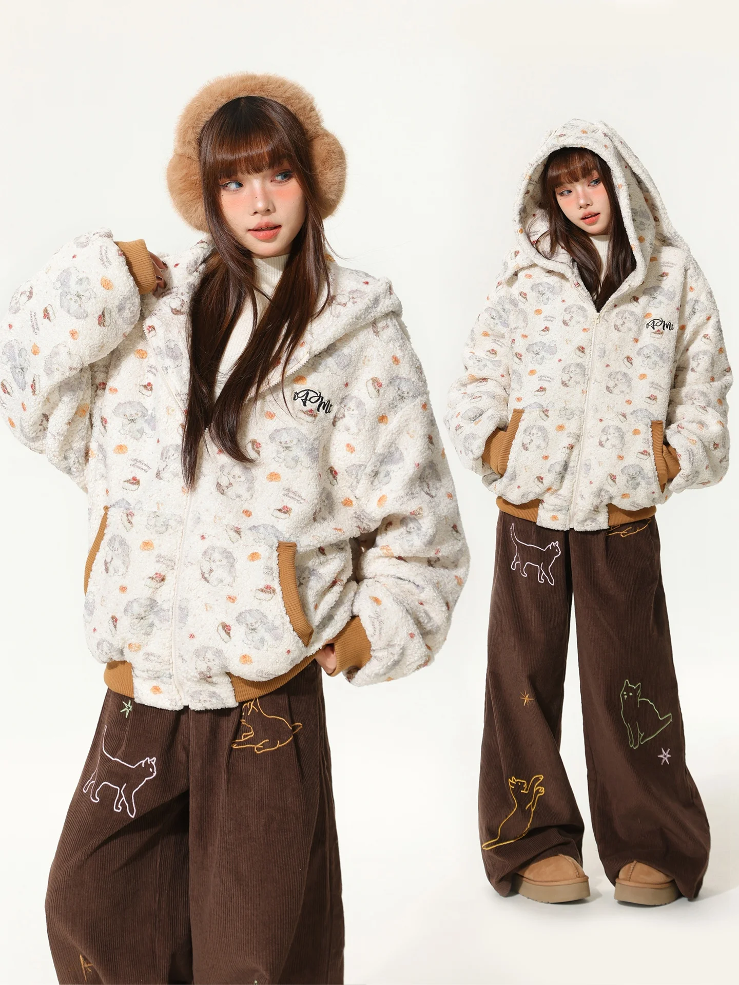 

AONW American Retro Dog Ear Print Hooded Women's Winter Loose Casual Thi Warm Lamb Velvet Jaet Sweet Sle Long Sve Zi...