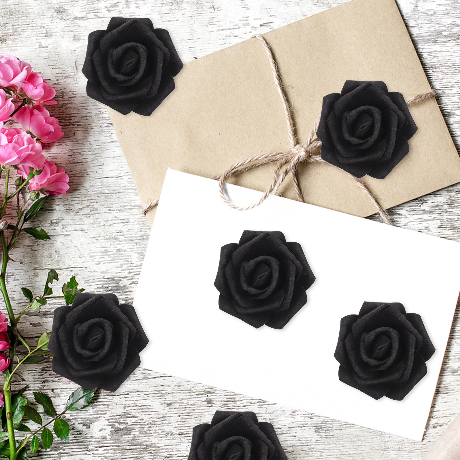 

PE Foam Artificial Roses 100pcs 7cm Faux Rose Heads for Birthday Wedding Decor DIY Craft Fake Flowers Light Pink Black