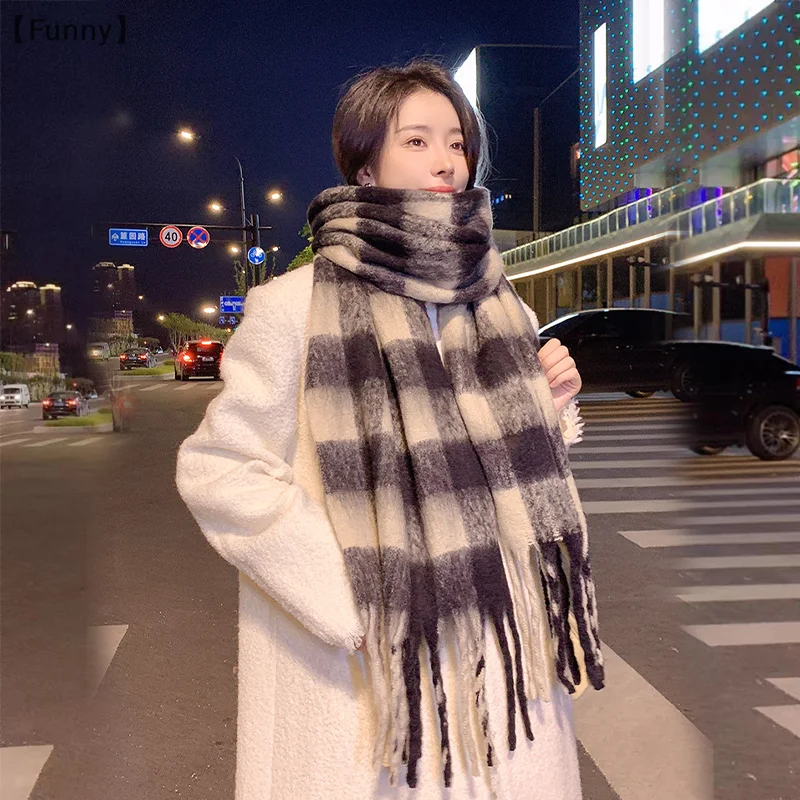 maveraFunny vauasPlaid Cachecol Feminino Inverno Novo Estilo Quente Versátil Xale High-end Imitação de Cashmere Lenço de Pescoço Grosso Versão Grande