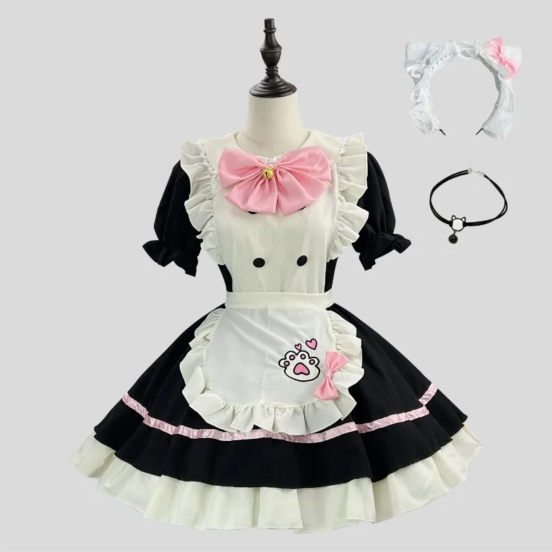 Women Sweet Cat Paw Maid Cosplay Dress Ruffle Apron Dress with Pink Bow Headband and Choker for Party view 3