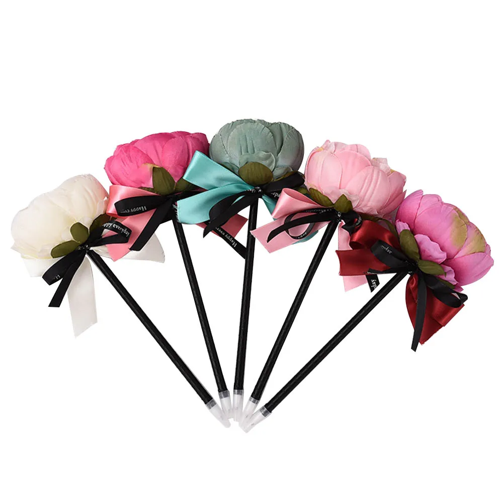 5Pcs Artificial Flowers Ballpoint Pen Ribbon Twist Design Decorative Cute Office School Stationery