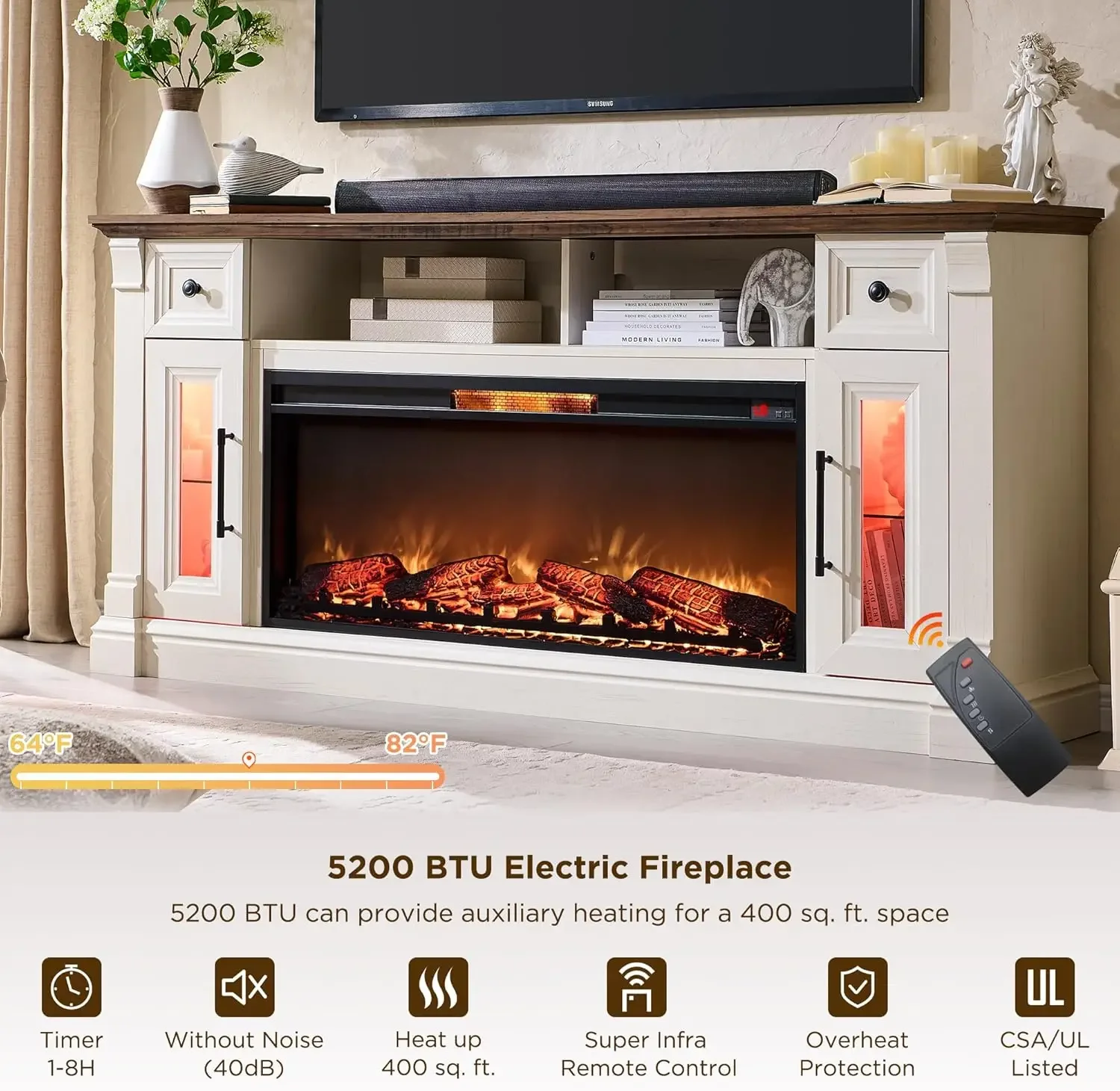 

Fireplace TV Stand for 80 Inch TV - Farmhouse Entertainment Center with 42" Electric Fireplace