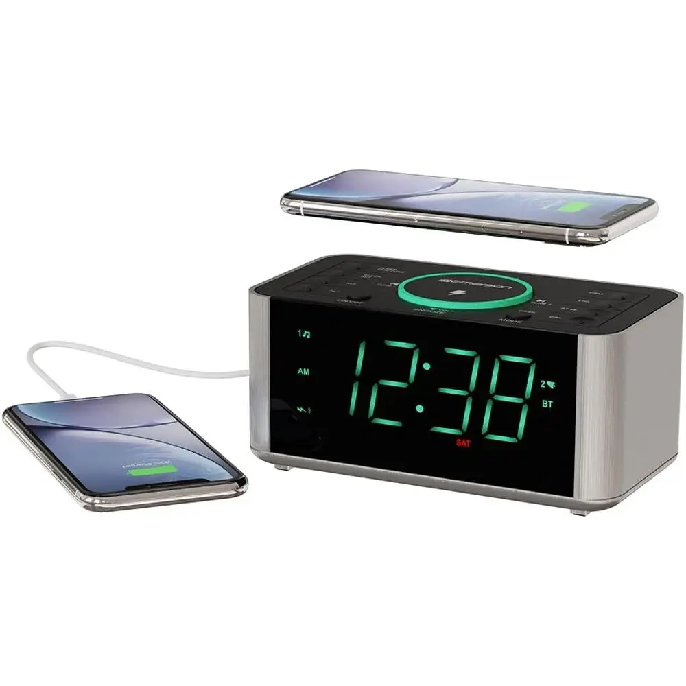 

Dual Alarm Clock Radio with USB, Qi Wireless Charging & Bluetooth Connectivity for All Qi-Enabled Devices