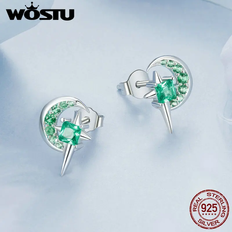 WOSTU 925 Sterling Silver Star Moon Stud Green Zircon Earrings For Women  Exquisite Shiny CZ Party Ear Studs Girl Birthday Gift image 4