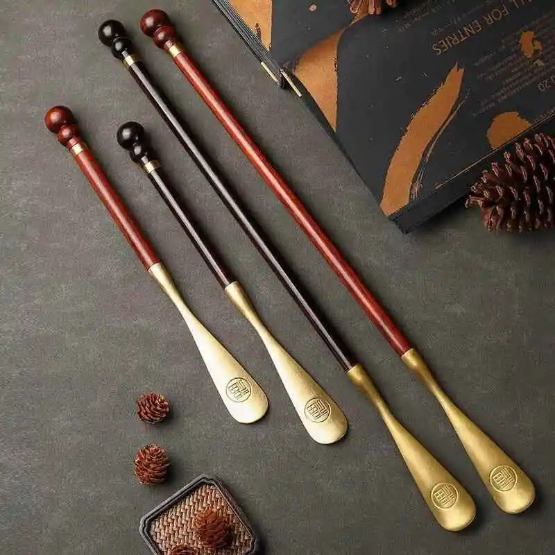Portable Long Handle Brass Shoe Horns Purple Sandalwood Wooden Handle Non-Bendable for Home Use And Pregnant Women