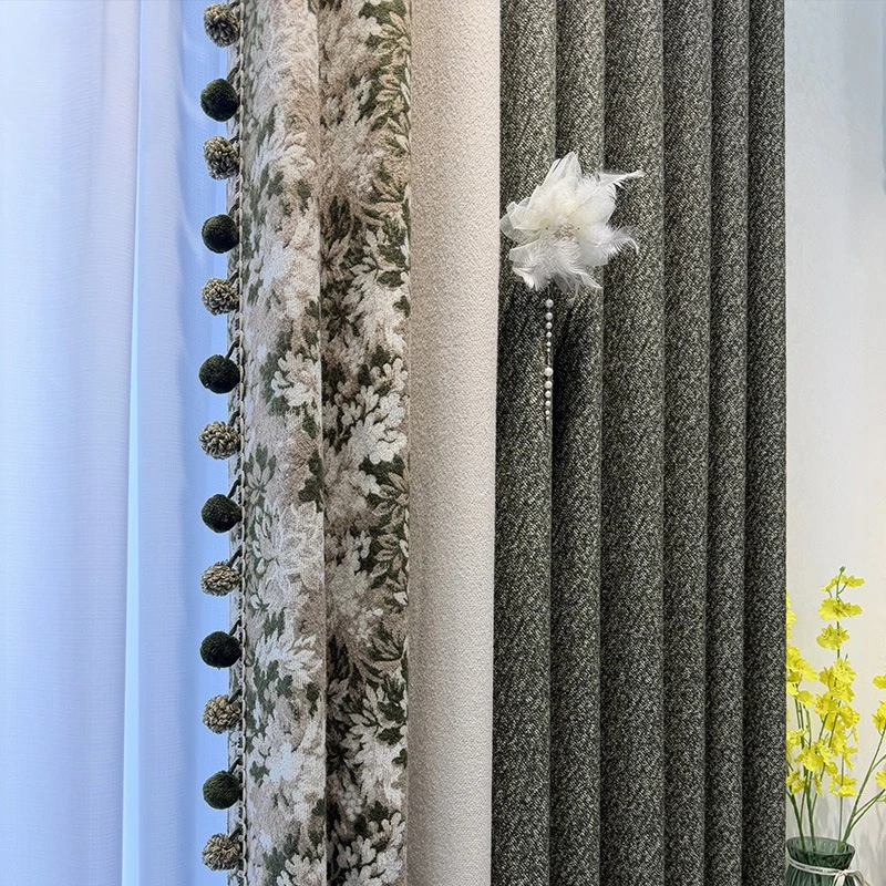 New Green Retro Jacquard Thickened Chenille Patched Curtains for Living Room Bedroom French Window Customized Products