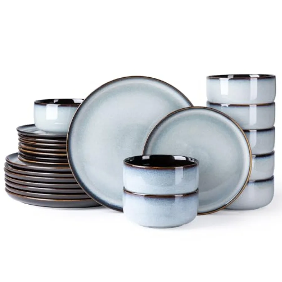 Ceramic Dinnerware Sets for 8 Gray White Plates and Bowls Reactive Glaze Highly Chip and Crack Resistant Dishwasher Microwave O