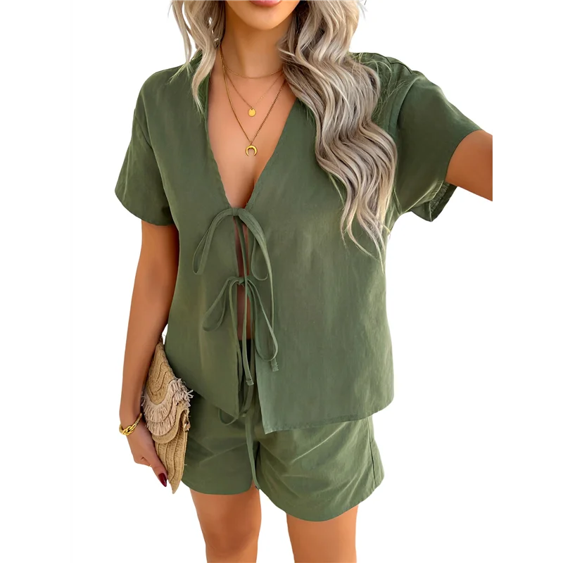 A83F-المرأة الصيف مجموعات قصيرة الجبهة التعادل الخامس الرقبة قميص بلايز مطابقة السراويل غير رسمية 2 قطعة وتتسابق #2