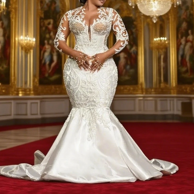 

Wedding Dress For Bride Mermaid Wedding Dresses Bridal Gowns Illusion Sheer Neck Long Sleeves Beaded Lace Pearls Appliqued Gowns