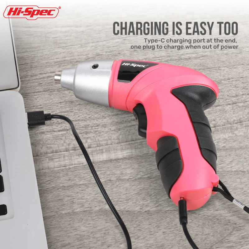 Hi-Spec 3.6V Cordless Electric Screwdriver Set Pink Rechargeable Power Drill Driver DIY Home Repair Tool Kit Case with Tools