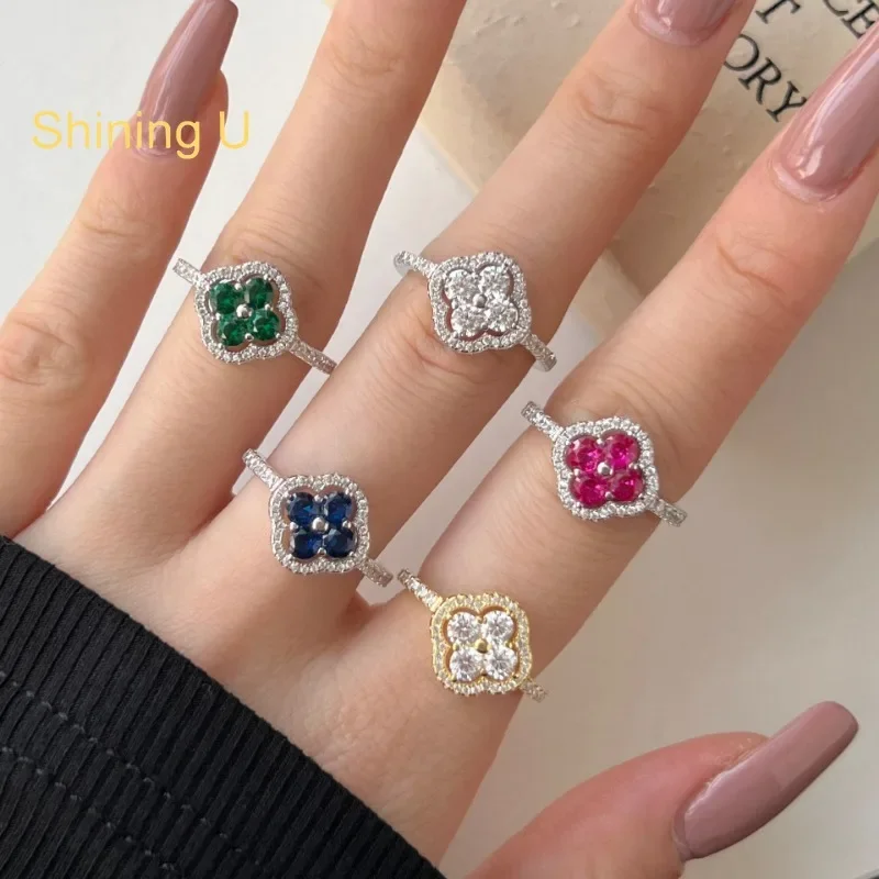

Shining U S925 Silver Lucky Clover Full Zircon Gems Ring for Women Fine Jewelry Summer