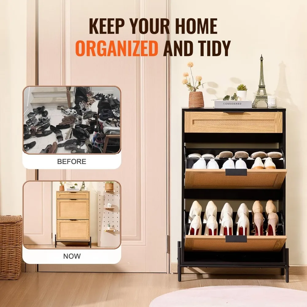 Narrow Shoe Storage Organizer with 2 Flip Rattan Drawers & 1 Slide Drawer, Metal Legs, Slim Shoe Entryway Cabinet Ideal