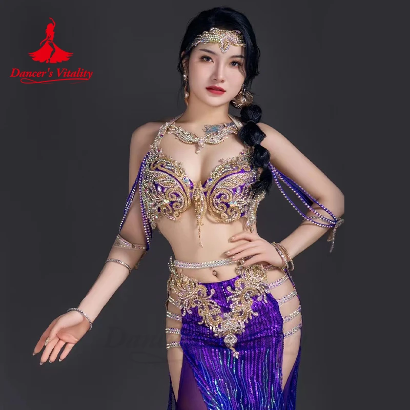 Conjunto personalizado de fantasia de dançarina do ventre para mulheres, sutiã e saia longa, roupa de dança oriental para adultos e crianças, AB Stones sênior, 2 peças