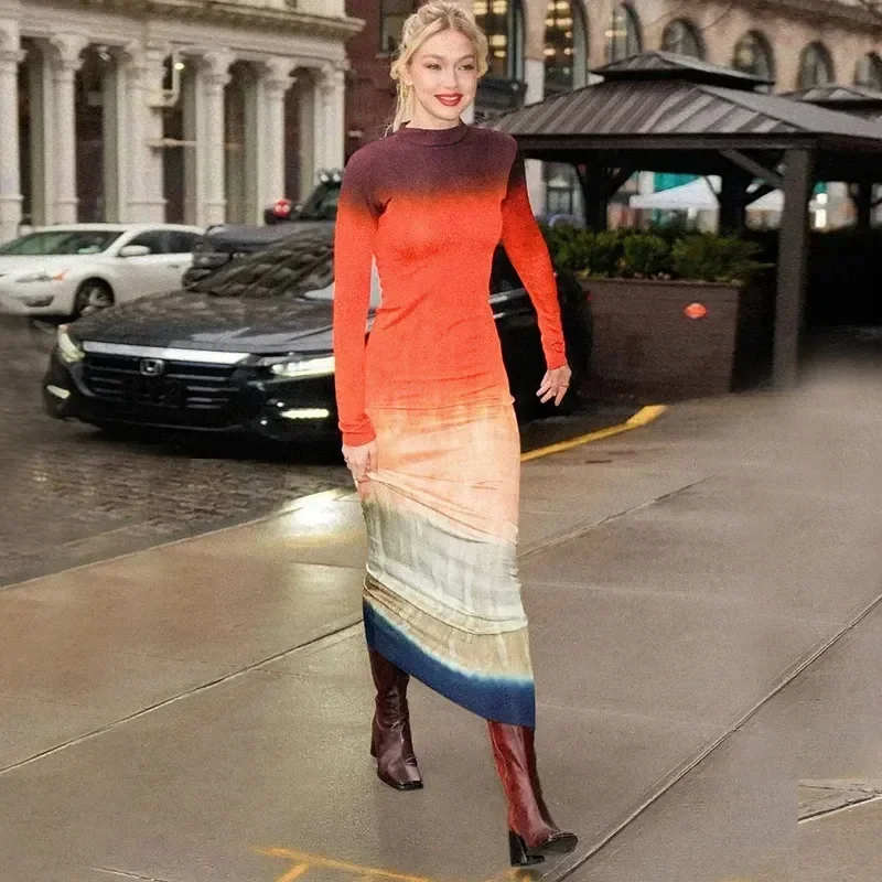 Tie Dye Long Sleeve Maxi Dress Mock Neck Bodycon Autumn Winter Dress Fashion Color Block Tight Long Dress Y2K