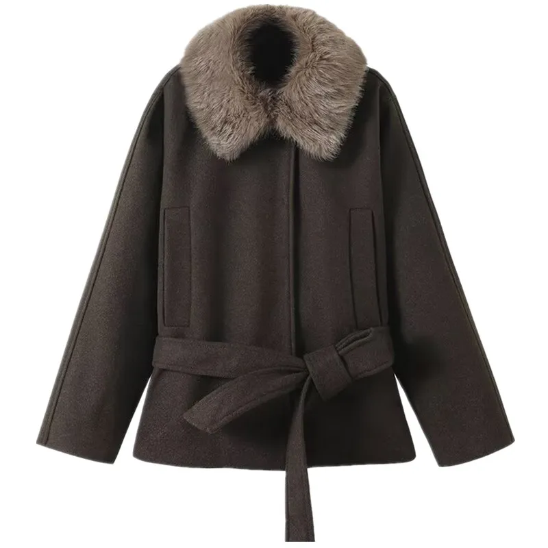 Inverno 2025 feminino fibra mista pele artificial efeito gola casaco jaet outro material 00% novo sle outerwear