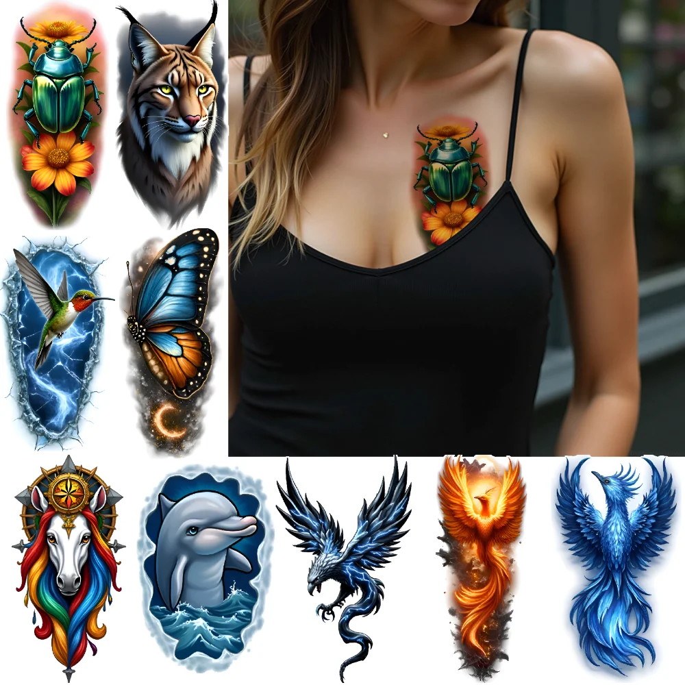 

3pcs Temporary Tattoo Phoenix Colorful Realism Dragon Beetle Realistic Temporary Tattoos Lynx For Women Adults Arms