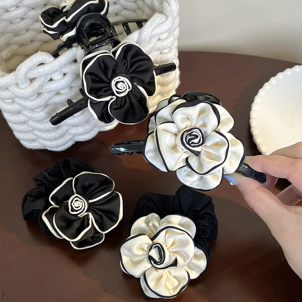 

13CM Large Satin Camellia Hair Claw Rolled Edge Camellia Claw Clips Scrunchies Trendy Crab Hair Clips for Women Hair Accessories