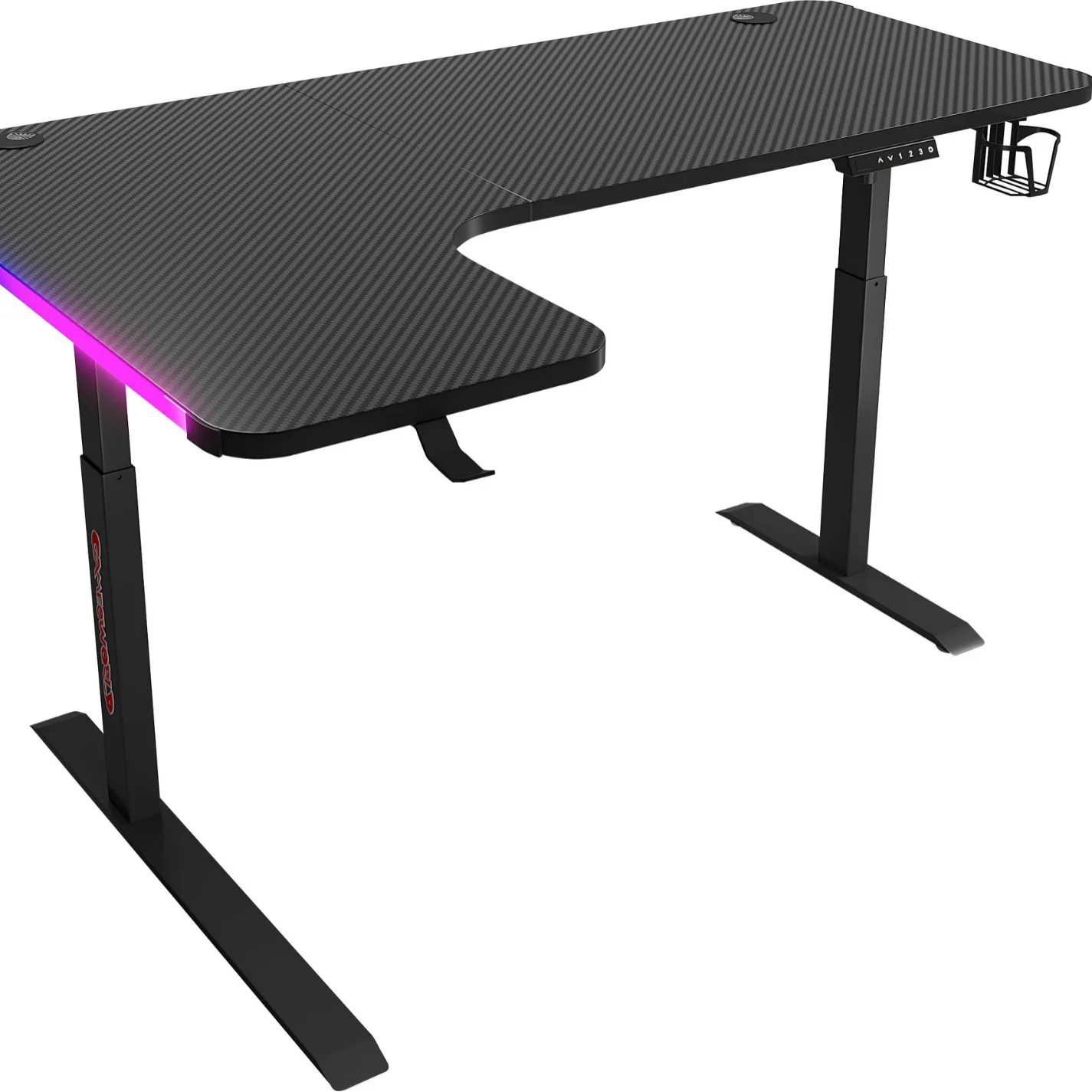 Carbon Fiber Surface L-shape Ergonomic Smart Electric Lighting Adjustable Height RGB Gaming Computer Desk Cup Holder Headphone