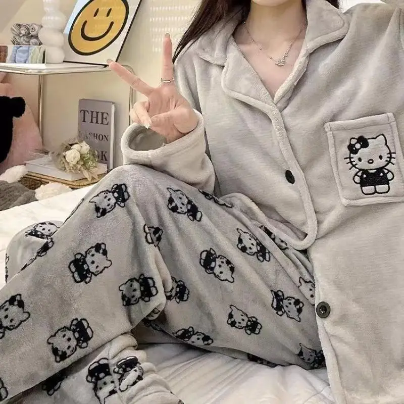 Sanrios New Hello Kittys Japanese Retro Full Print Pajamas Kawaii Anime Cartoon Autumn Winter Warmth Flannel Girl Loungewear Set