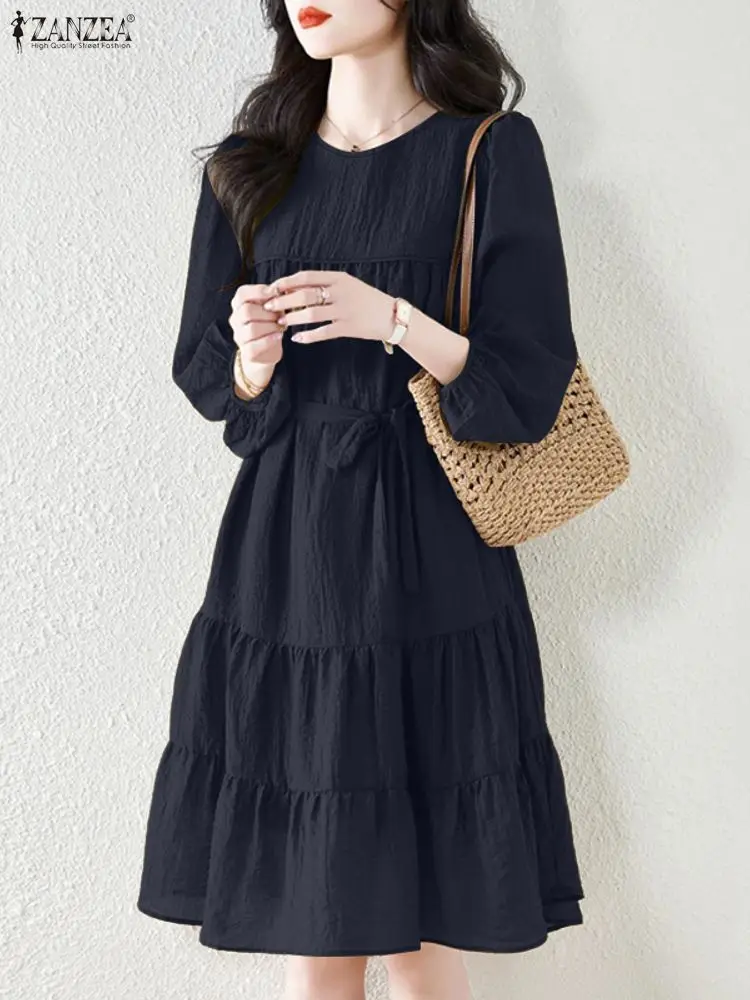 Zanzea moda feminina na altura do joelho vestidos casuais o-pescoço lanterna manga com cinto em camadas a linha vestido outono 2025 roupas femininas 3xl