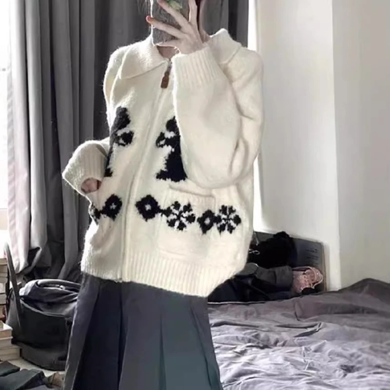 

Jacquard Collar Zipper Sweater Jacket for Women, Autumn and Winter Vintage Contrasting Soft and Sticky Knitted Cardigan