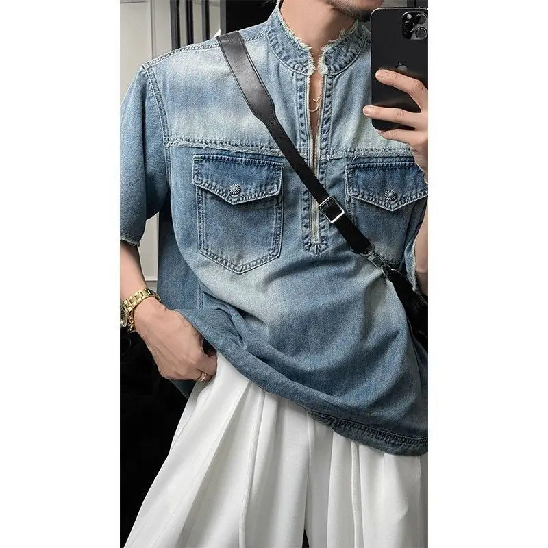 Summer New American Retro Short-sleeved Denim Shirt Men's Casual Stand-up Collar Fashion Top