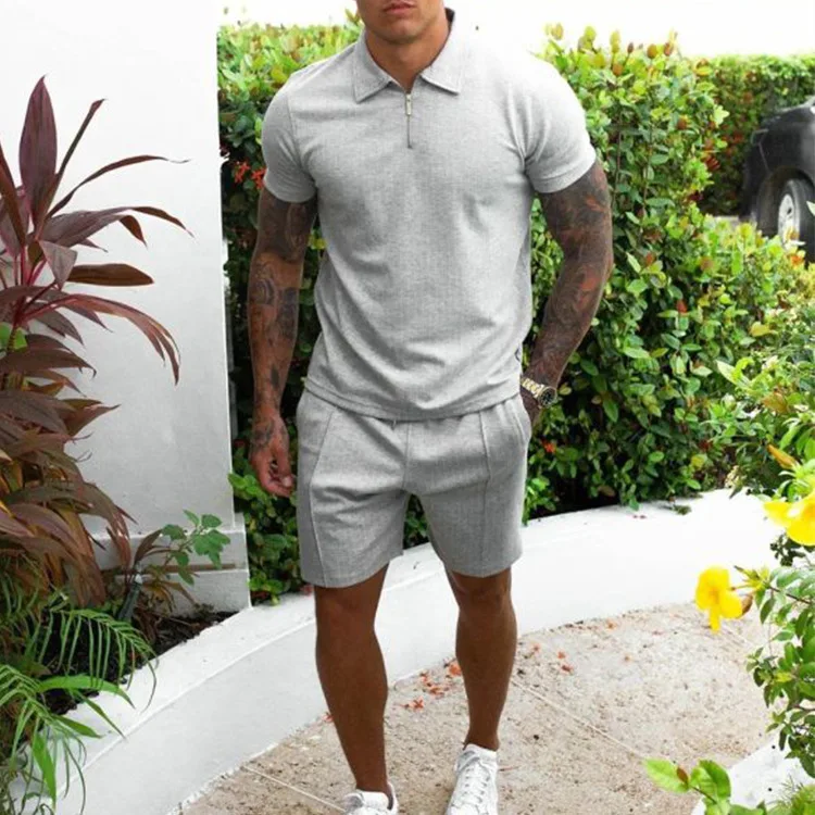 

New Upscale Men's Polo Suit Fashion Men Sets Solid Summer V-neck Zipper Short Sleeve POLO Shirt+Shorts 2 Pieces Men Suit 2024