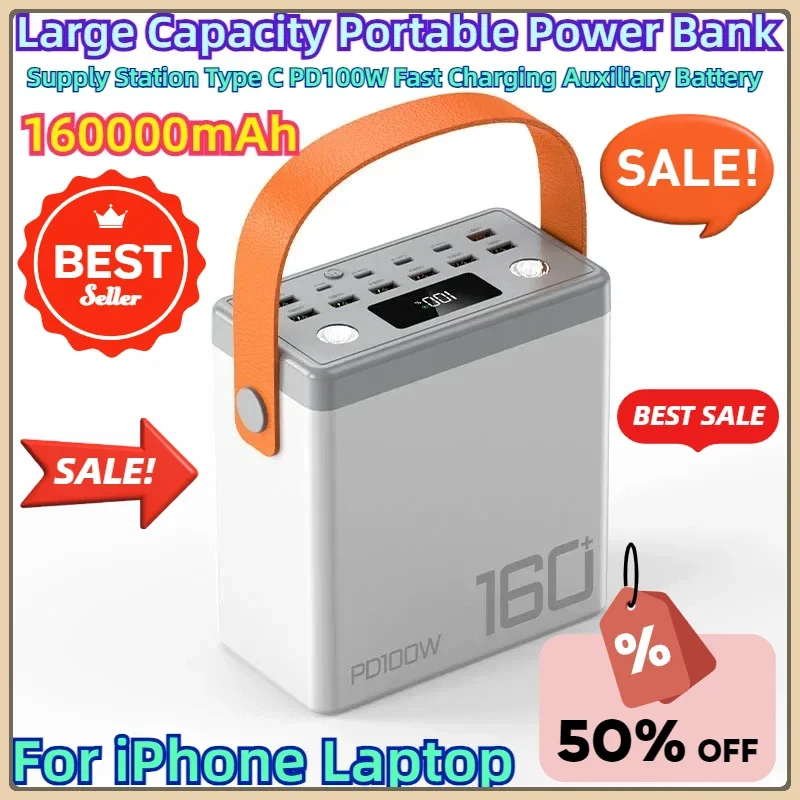 

For IPhone Laptop 160000mAh Large Capacity Portable Power Bank Supply Station Type C PD100W Fast Charging Auxiliary Battery