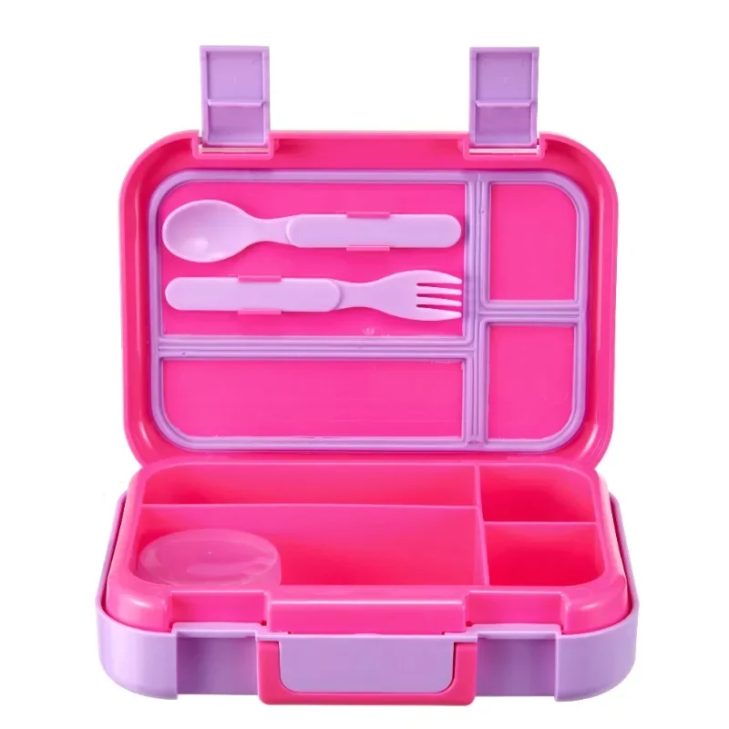

Hot Sale.Upgraded version. Plastic Bento Box with 4 Compartments, Fork, Spoon, 1 Dressing Container, Pink.Free shipping