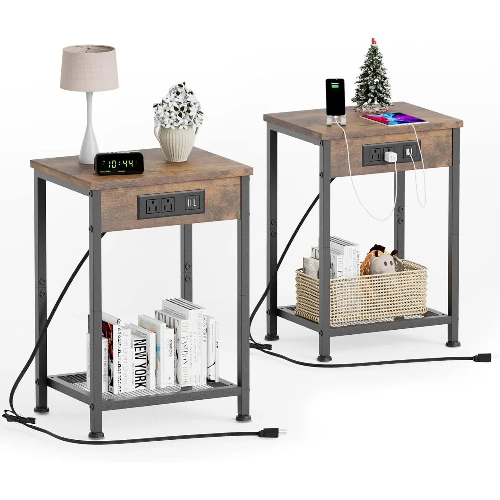 

End Tables with U-S-B Ports and Power Outlets, Narrow Bedside Table Set of 2 for Living Room, Farmhouse, Couch (Rustic Brown)
