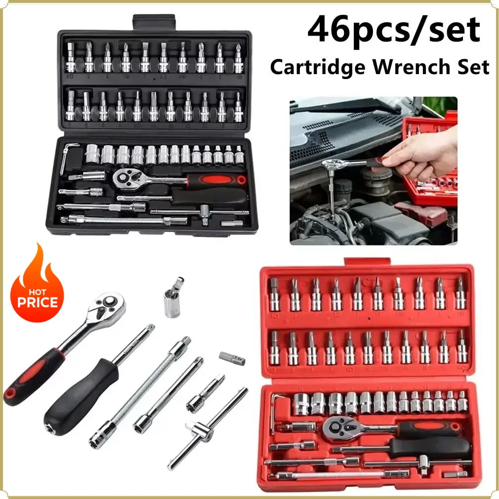 Conjunto de Soquetes de 1/4 de Polegada com 46 Peças, Conjunto de Chaves de Catraca, Kit de Ferramentas Automotivas, Conjunto de Chaves de Soquete com Bits, Conjunto de Ferramentas Métricas para Mecânicos, Acessórios Automotivos