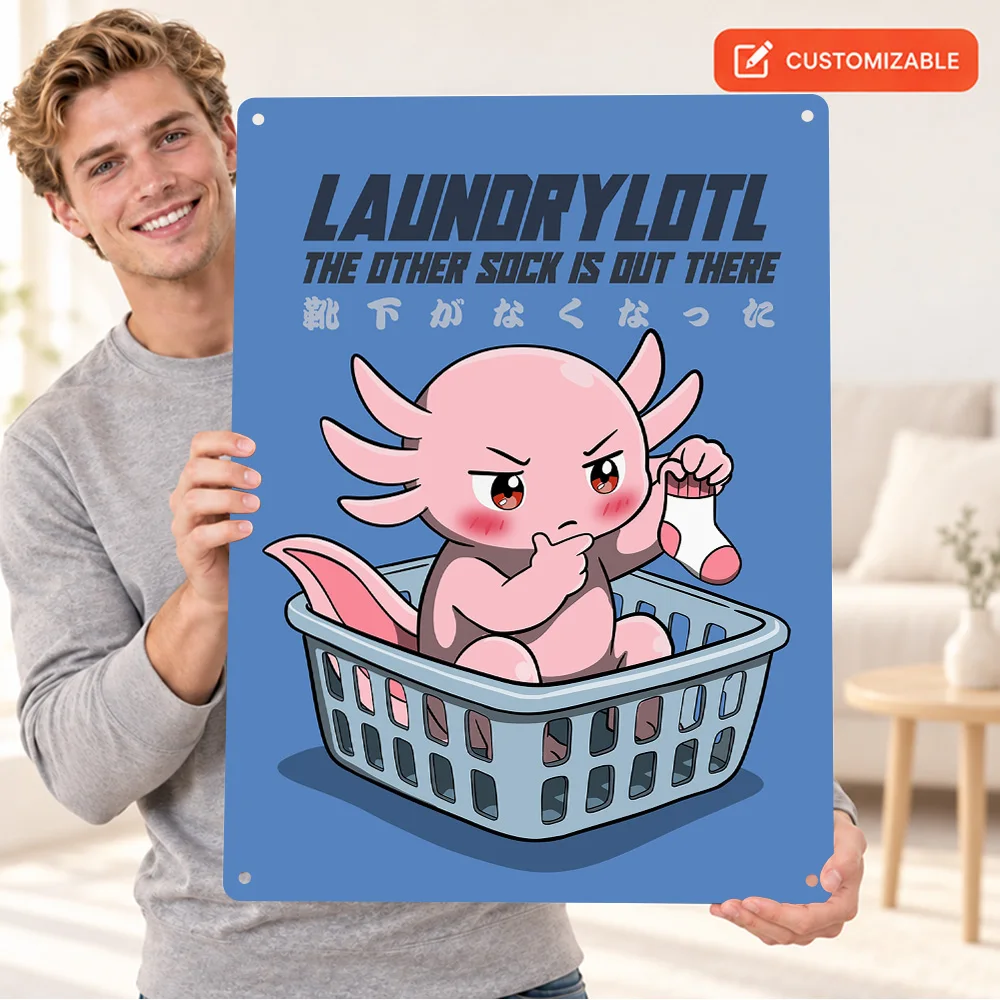 Cute Axolotl In A Basket Aluminum Poster Personalized Metal Sign Vector Illustration Wall Art For Laundry Room Animal Lover Gift