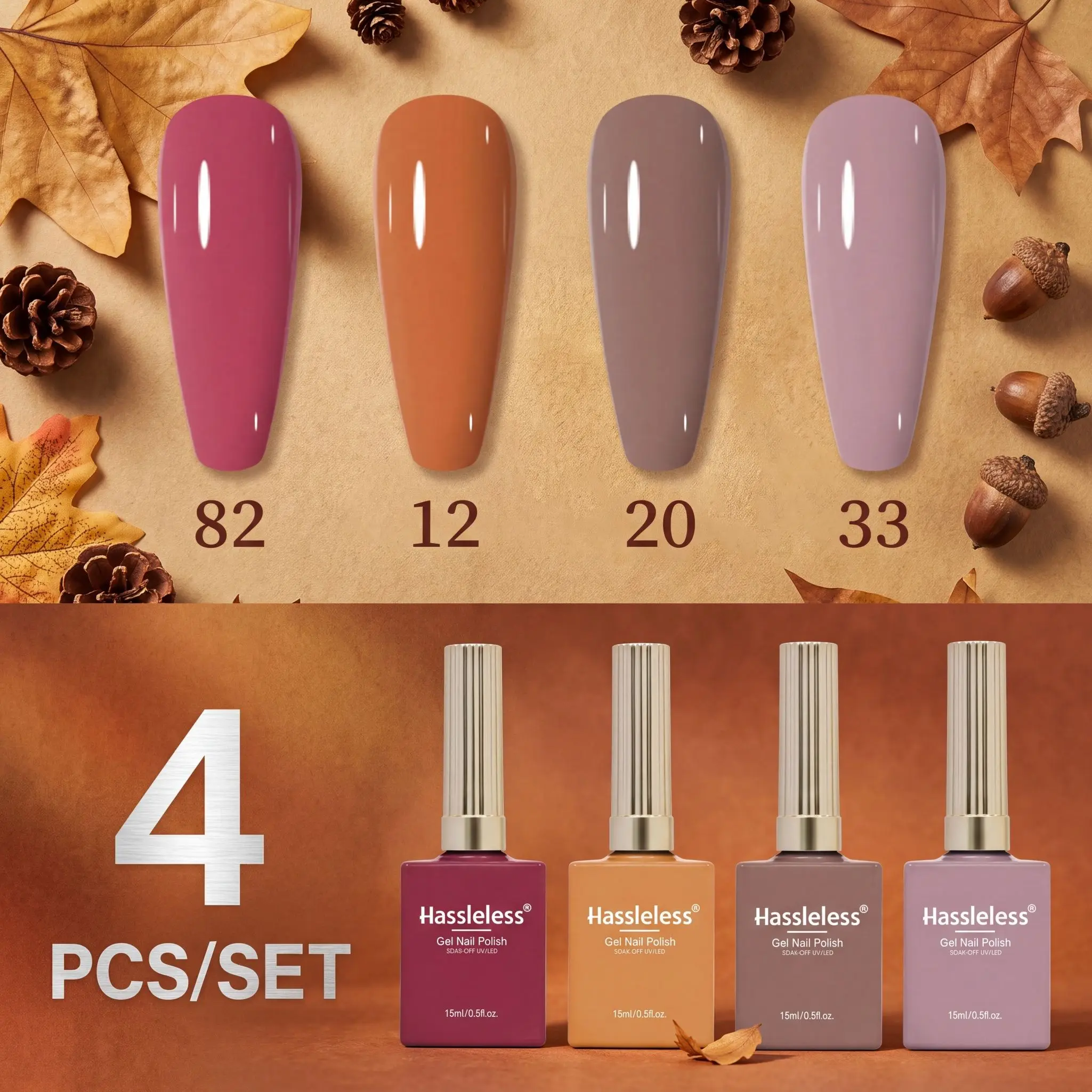 Hassleless 4Pcs Autumn Earth Tone 4-Color Nail Art Set, Vintage Warm Tone Solid Color Nail Polish, DIY Nail Art for Autumn Outfits and Holiday Parties