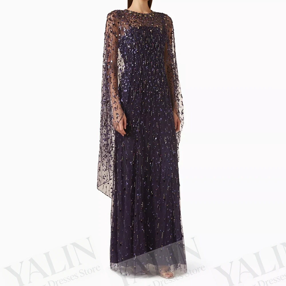 

Women's A-line Evening Dresses Floor-length O-neck Sleeveless Prom Dresses Fashion Sequined Stole Simple Draped Customized Gowns