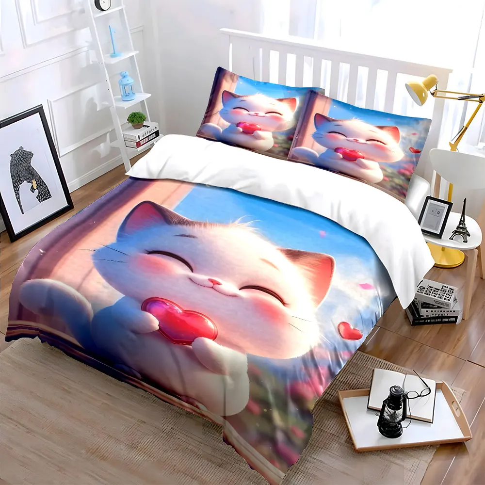 White cat holding red crystal heart Print Bedding Set 1 Duvet Cover 2 Pillowcases for Adult and Children Luxury Gift Full Size