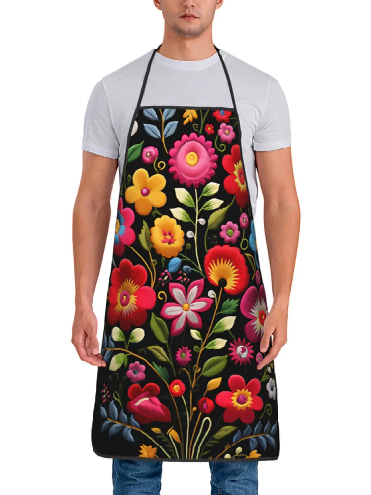 Delantal de poliéster vibrante | Delantal de cocina y limpieza duradero, sin mangas con estampado de flores mexicanas, decoración de cocina mexicana