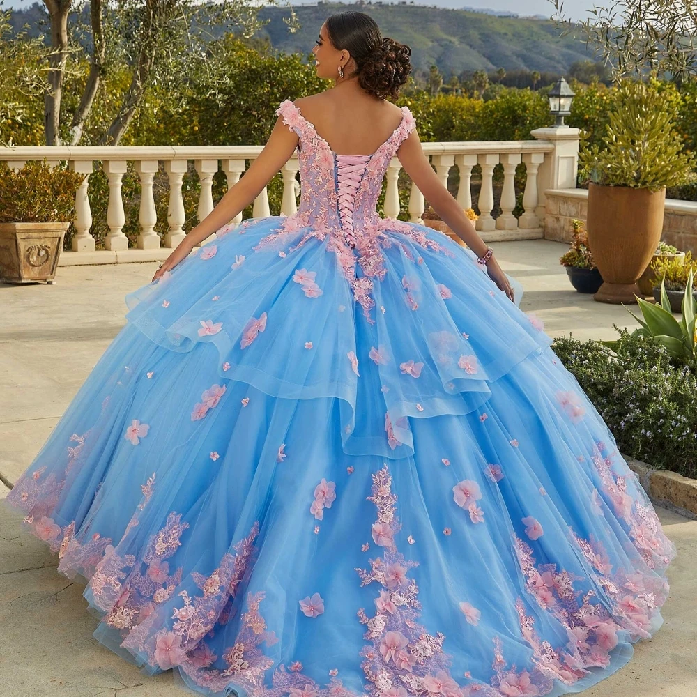 EVLAST-Vestido Quinceanera com flores 3D, vestido de baile azul, Beading Applique, Tule Glitter, Sweet 16, TQD106, 3D