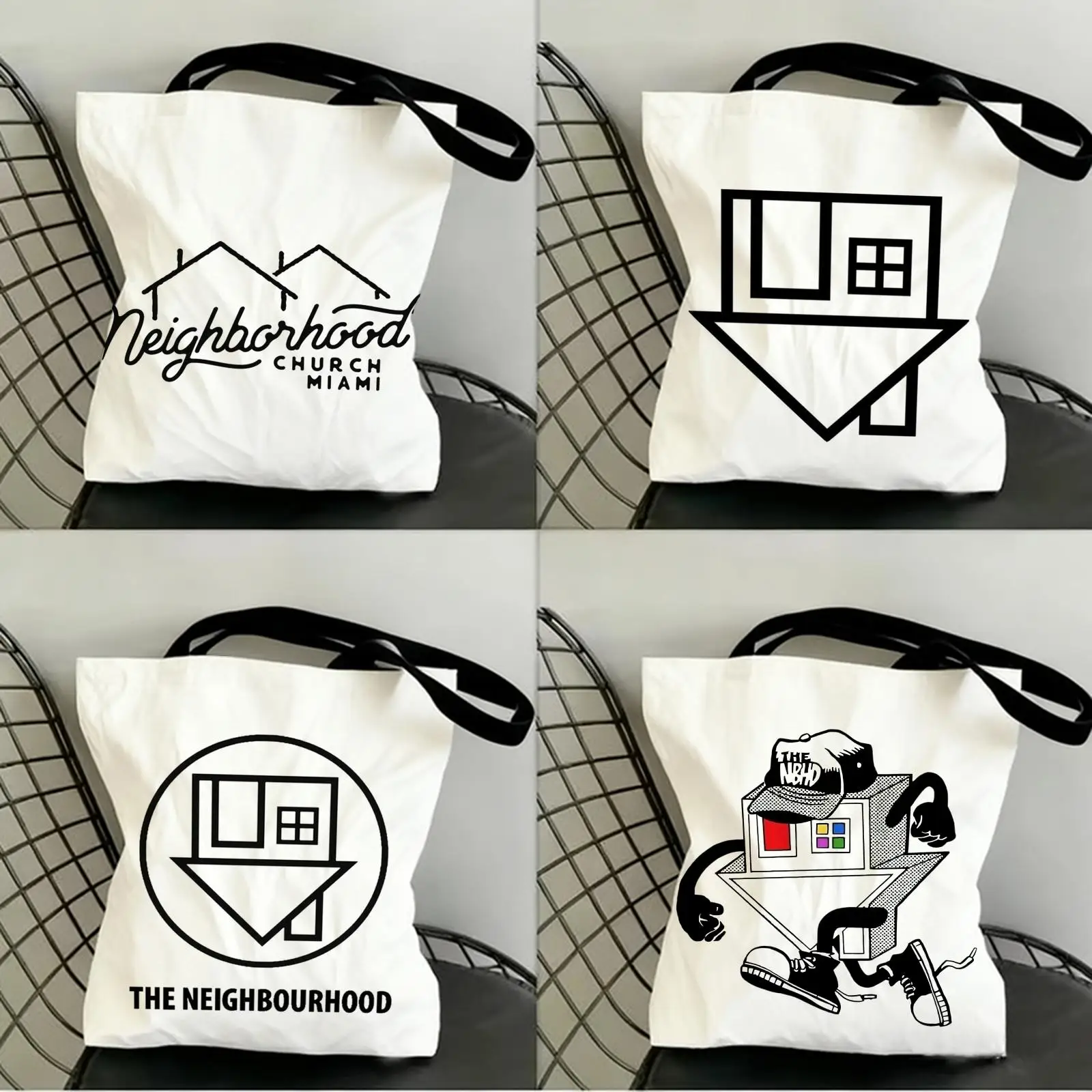 

LOGO Design N-Neighborhood Storage Bags Canvas Double-Sided Print Fashion Shoulder Tote Shopping Bag Gift Eco Handbags