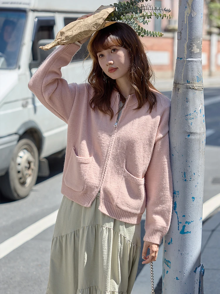 

Осенний розовый вязаный кардиган с двойной молнией в стиле ретро, свободный универсальный жакет для женщин, для ленивых дней