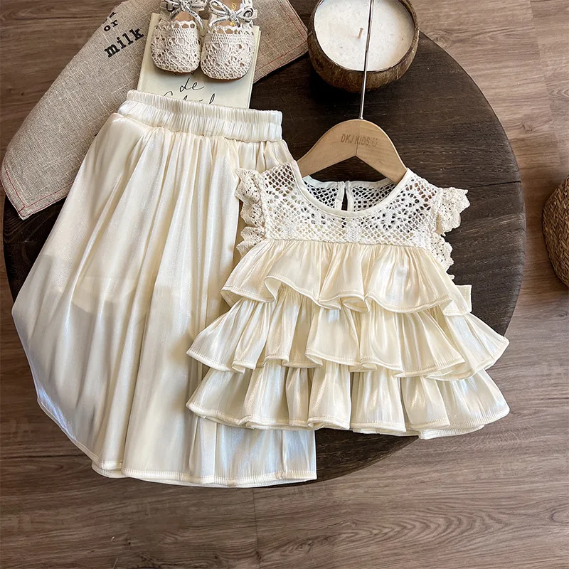 

Girls' summer suits2025Children's Summer Clothes Baby Girls' Lace Sleeveless Vest Wide Leg Pants Two-Piece Set