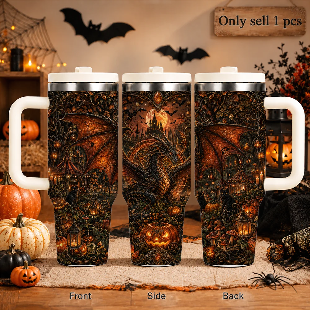 Spooky Dragon Halloween Vacuum Flasks 40oz Large Capacity Stainless Steel Tumbler with Handle Straw Lid Insulated Travel Mug Cup