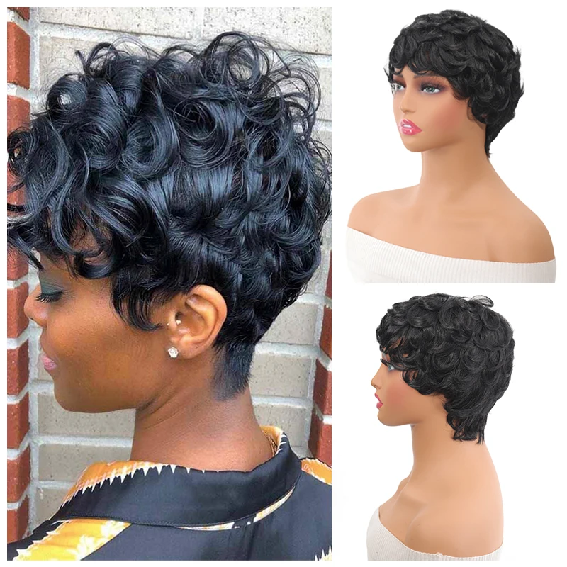 Short Curly Pixie Cut Wig with Bangs Afro Curly Wigs Synthetic Pixie Cut Wig Short Curly Haircut Wig for Black Women