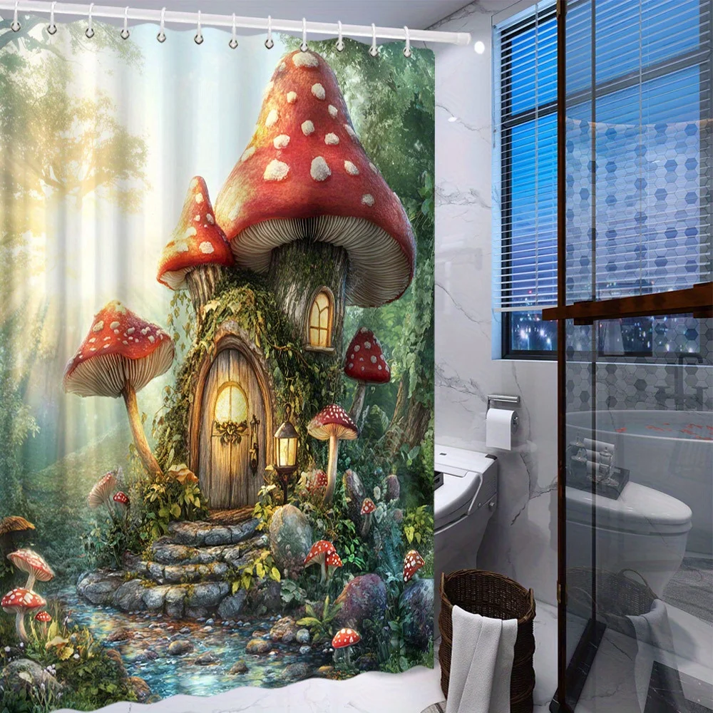 Enchanted Forest Cottage Shower Curtain - Moss-Covered Red Mushrooms, Stream & Lit Lanterns Design, Soft Golden Sunlight
