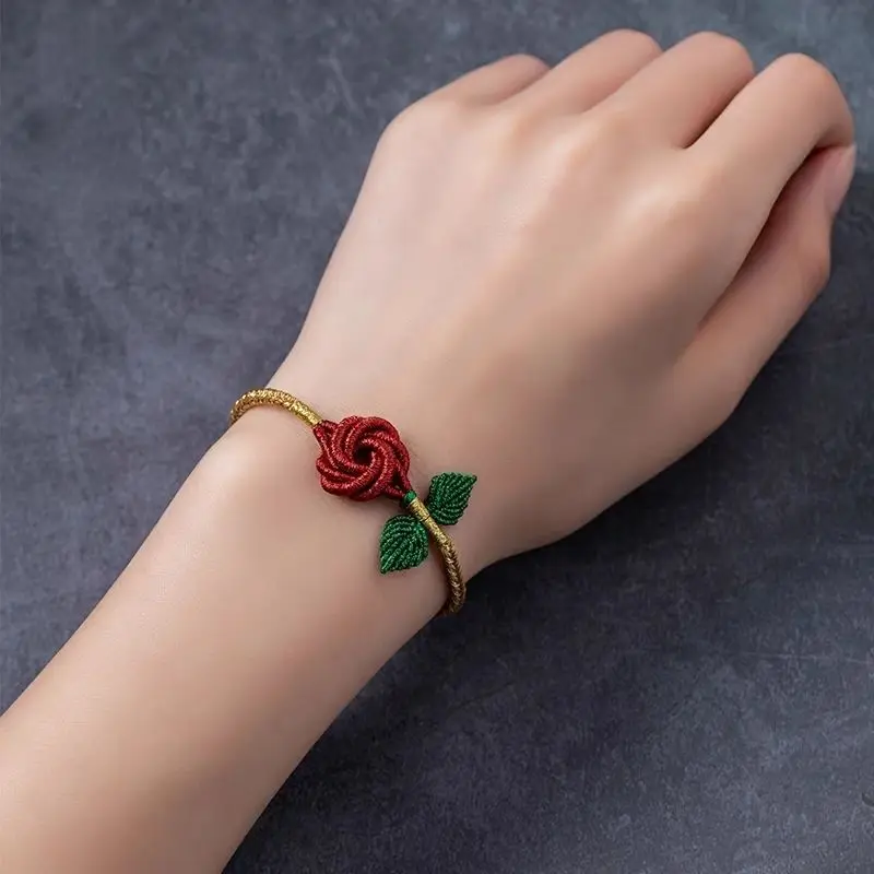 Pure Hand Woven Exquisite Rose Hand Rope Diy Mandala Flower Knot Eight Strands Braid Gold Color Bracelet Women's Gifts Jewelry