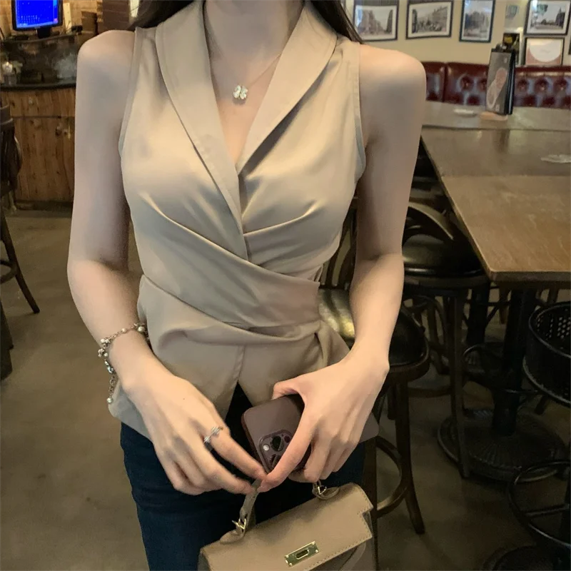 Elegant Shirts Women Sleeveless Satin Bandage V Neck Chic Korean Summer New Tops Sexy Office Female Casual Blouse Evening Party image 3
