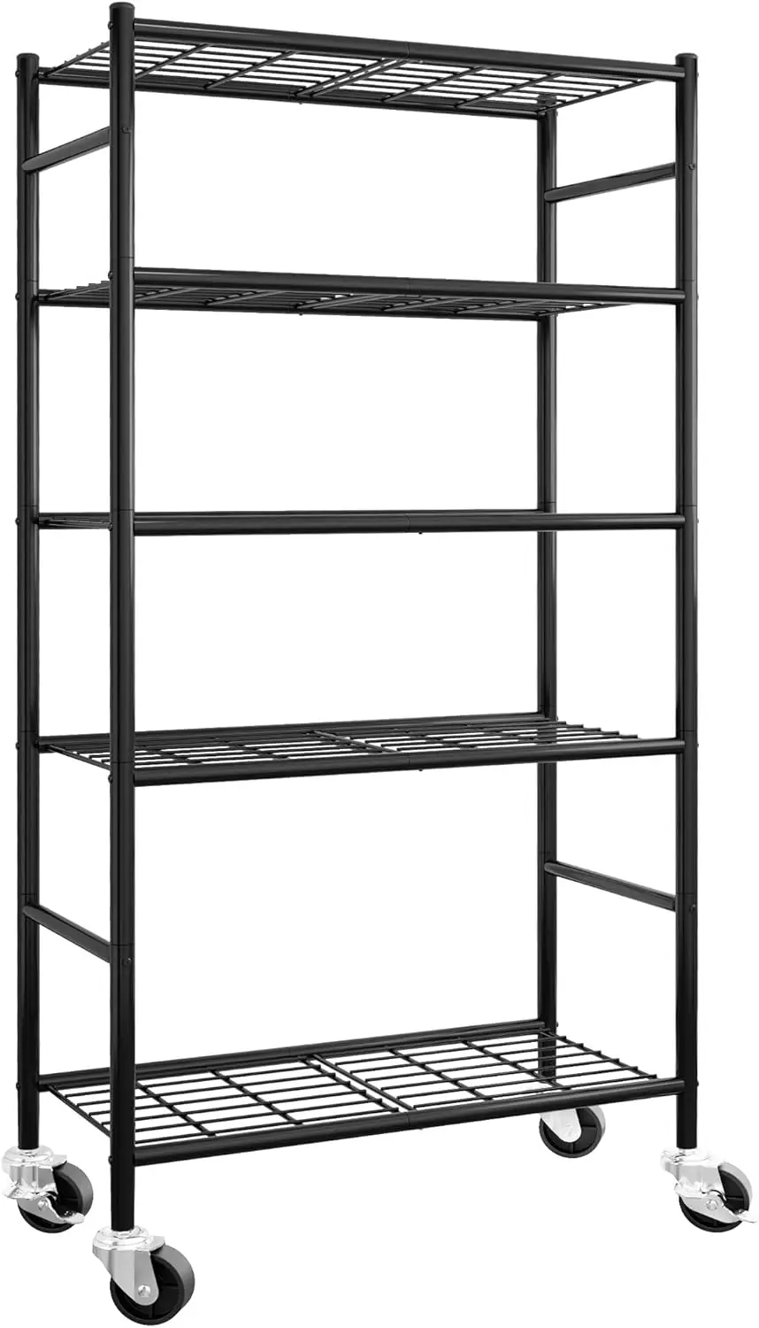 

5-Tier Metal Storage Shelves with Wheels, Adjustable Feet for Garage, Kitchen, Pantry - Black
