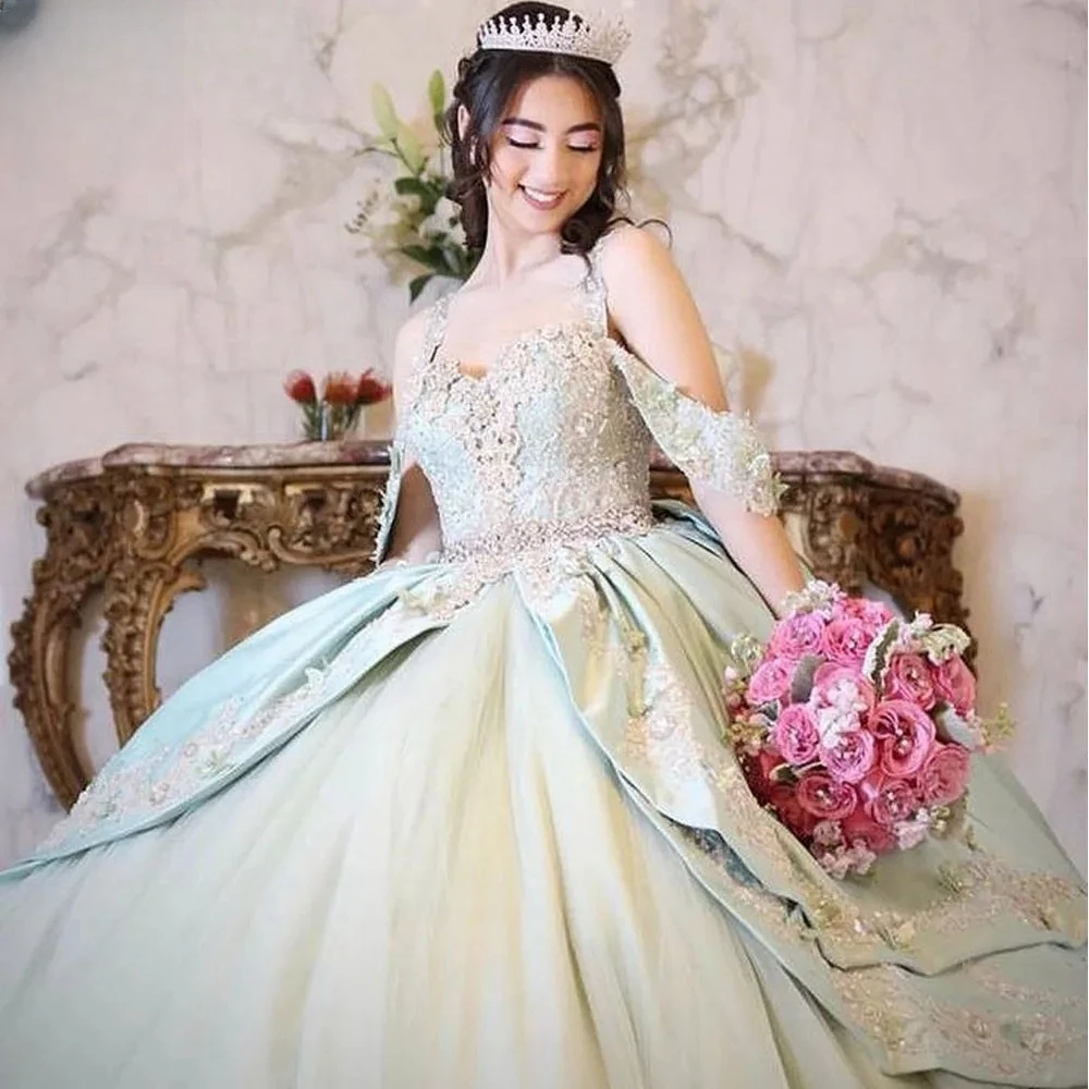 Gaun pesta putri hijau Quinceanera gaun pesta elegan gaun pesta busur gaun pengantin jubah ulang tahun gaun pengantin leher Sweetheart Vestido De Novia