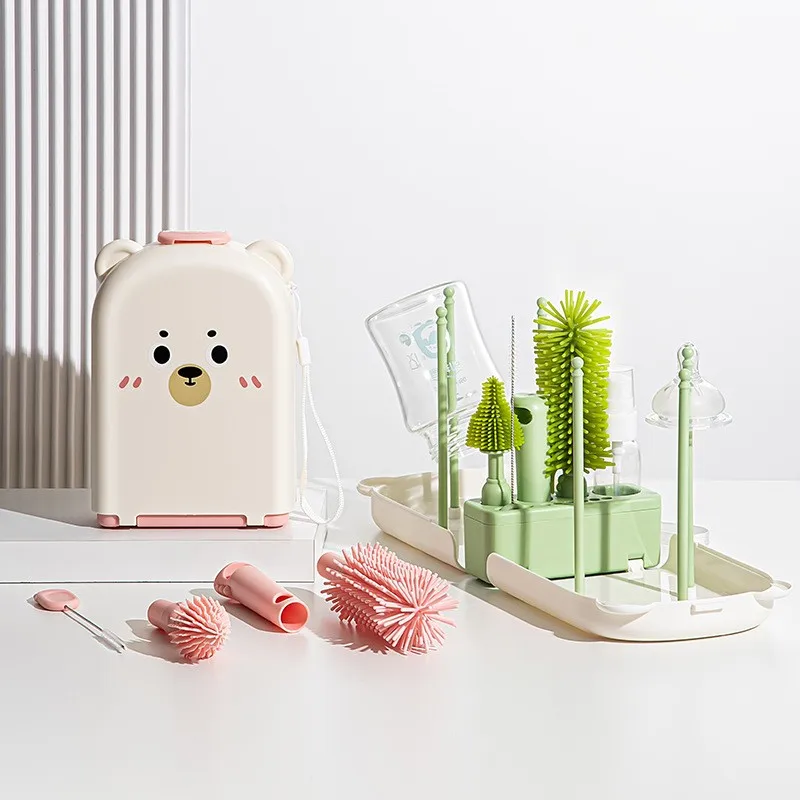 Portable Baby Bottle Cleaner Cleaning Brush With Drying Rack Travel Baby Bottle Cleaning No BAP Silicone Brush Head