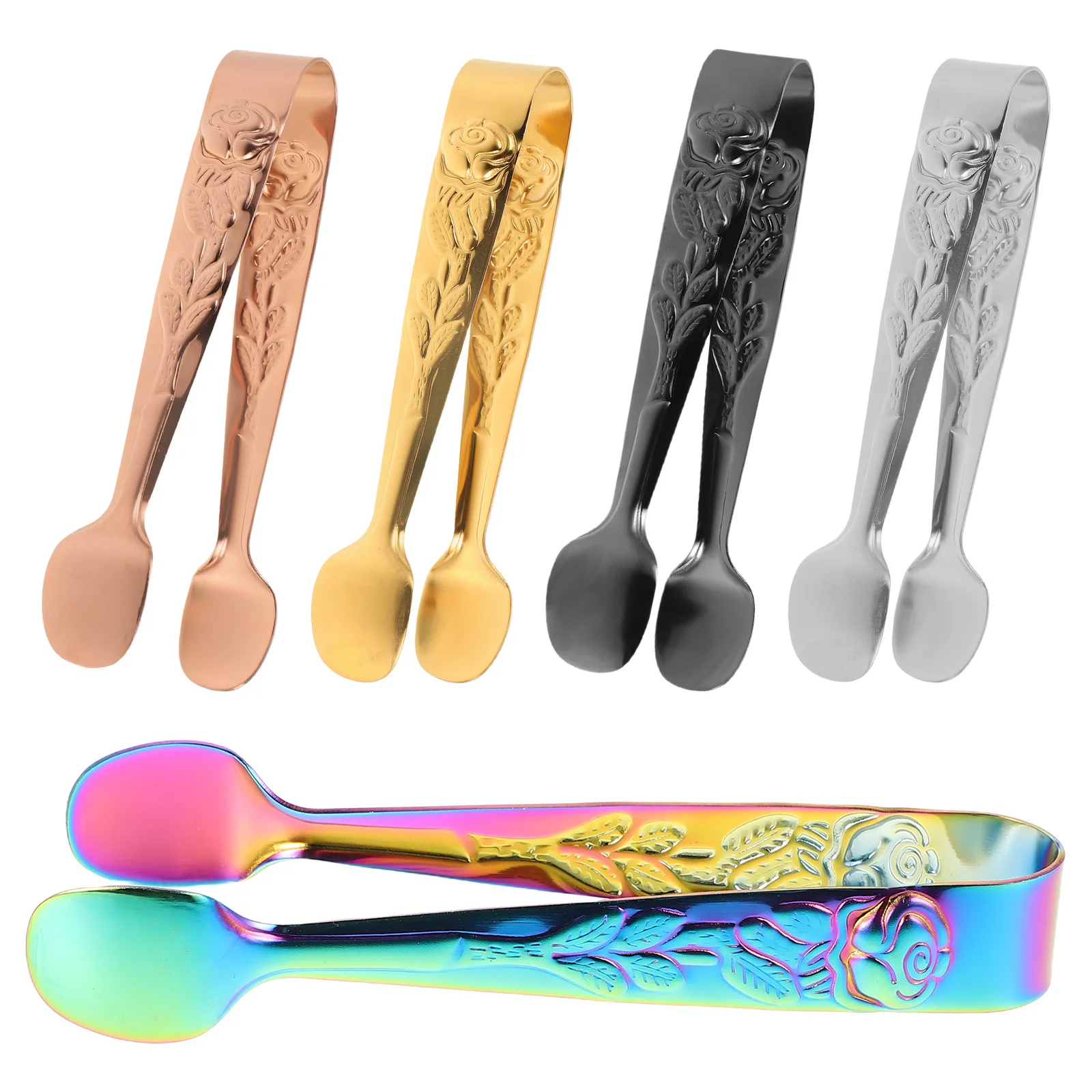 

5pcs Stainless Steel Food Tongs 304 Rose Pattern Coffee Sugar Cube Ice Snack Clips Kitchen Tool Elegant Design Versatile